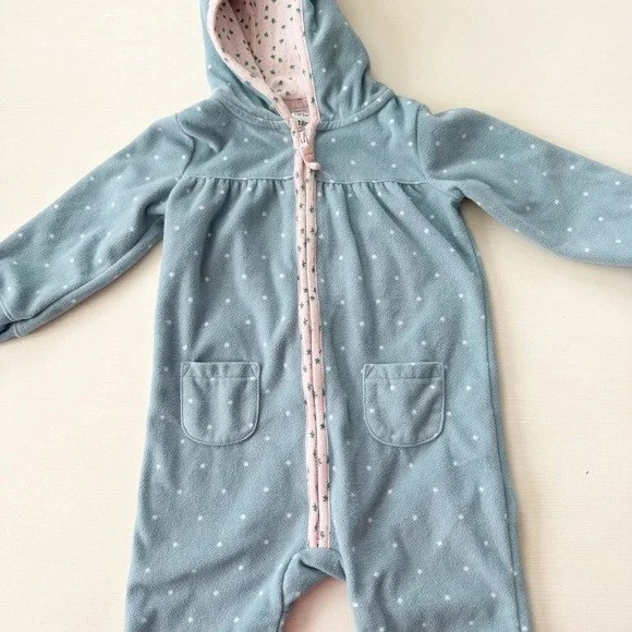 Carters fleece blue polka dot cat hooded one piece zip up size 18 months - Picture 2 of 7